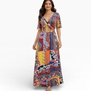 MAGIC Patchwork Boho Maxi Dress V-Neck Short Sleeve Festival Vacation Size M
